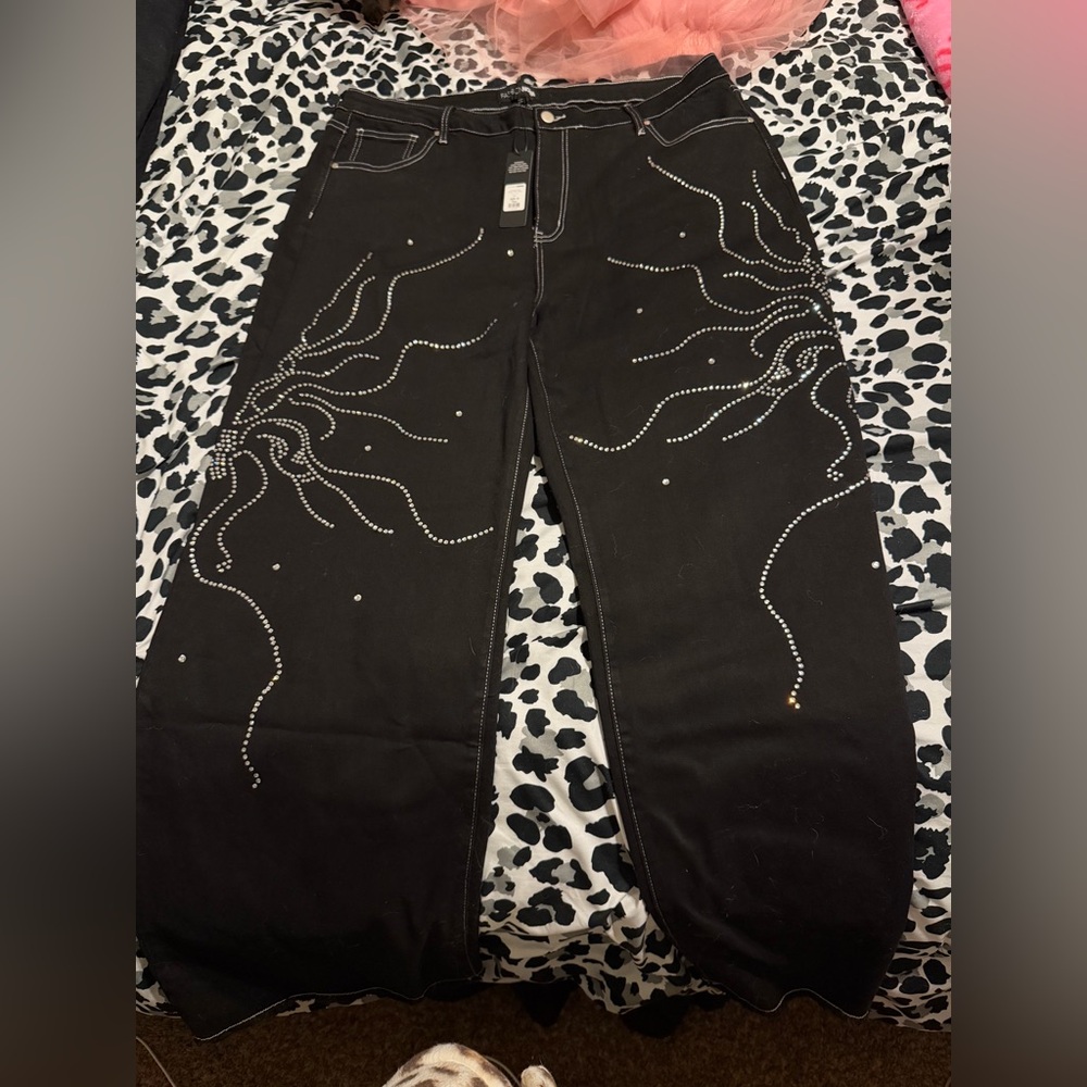 Fashion Nova Black Straight Leg Jeans with Rhinestone Design